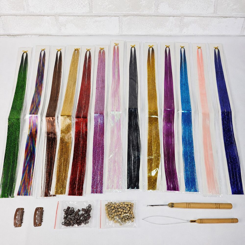 Hair Tinsel Extension Kit Multicolor Glitter Strands Tool Clips Beads Lot